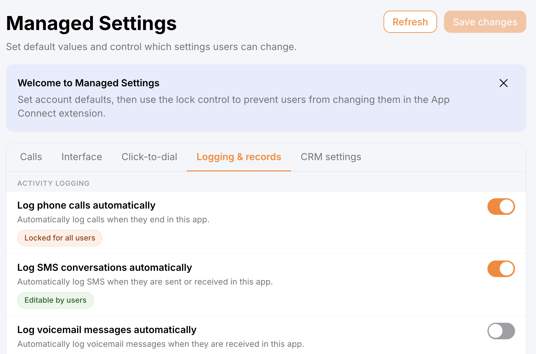 Managed settings in the admin console