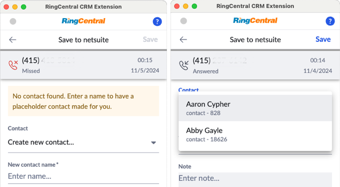 RingCentral App Connect call logging