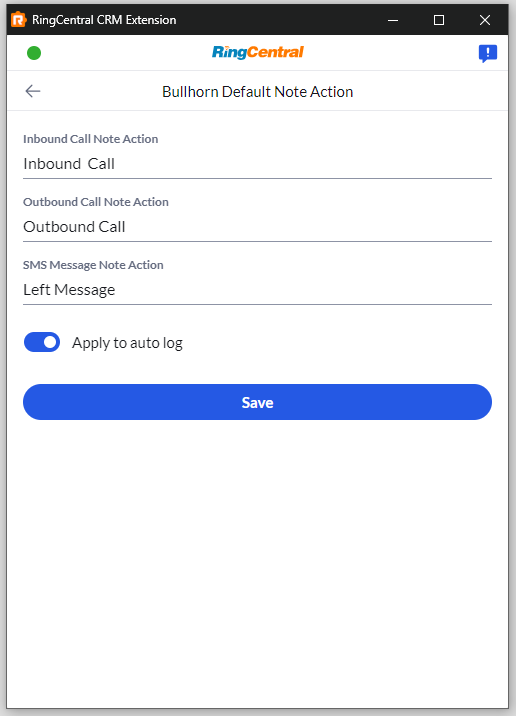 Bullhorn default Note Action page