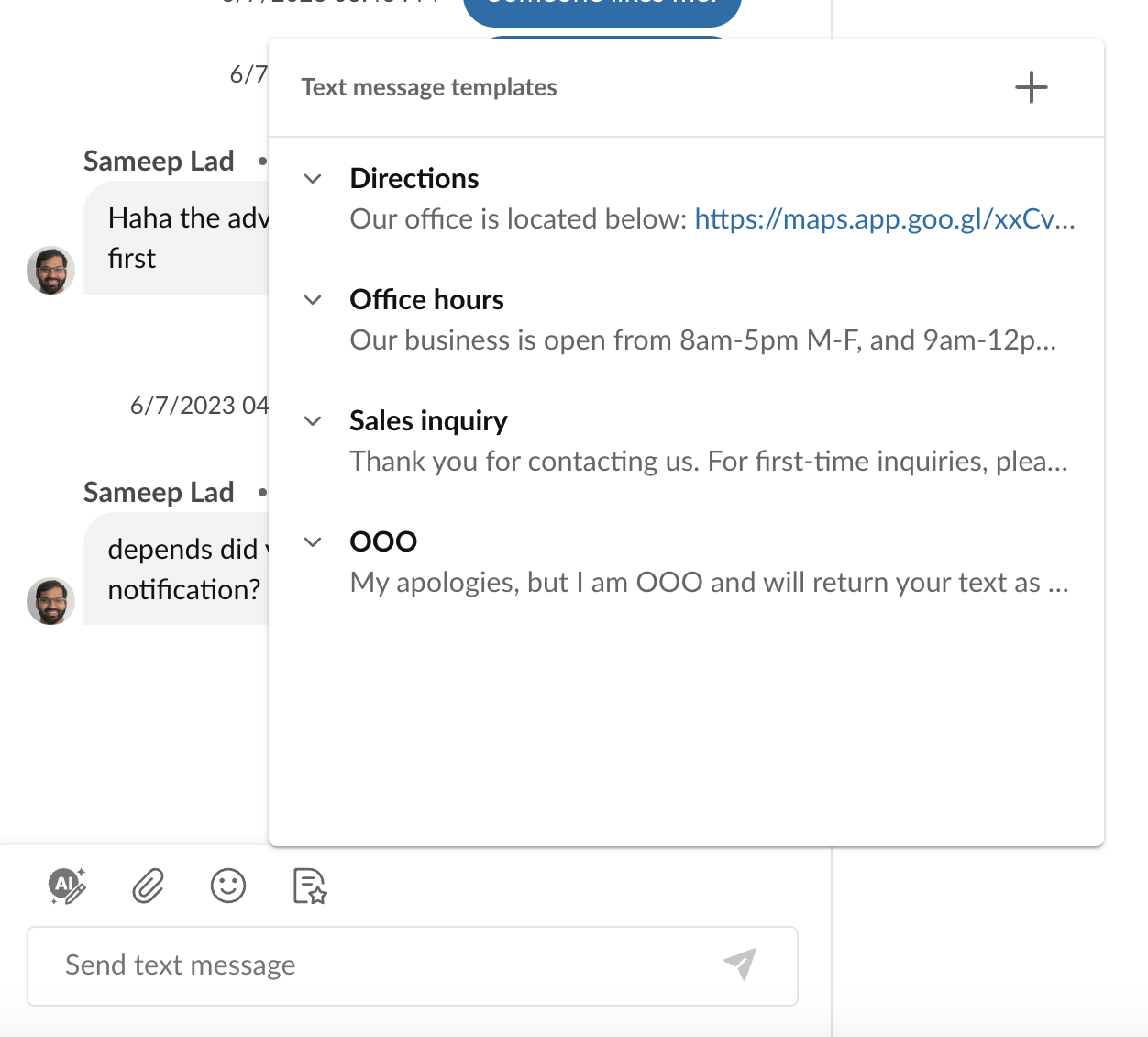 SMS templates inside desktop app