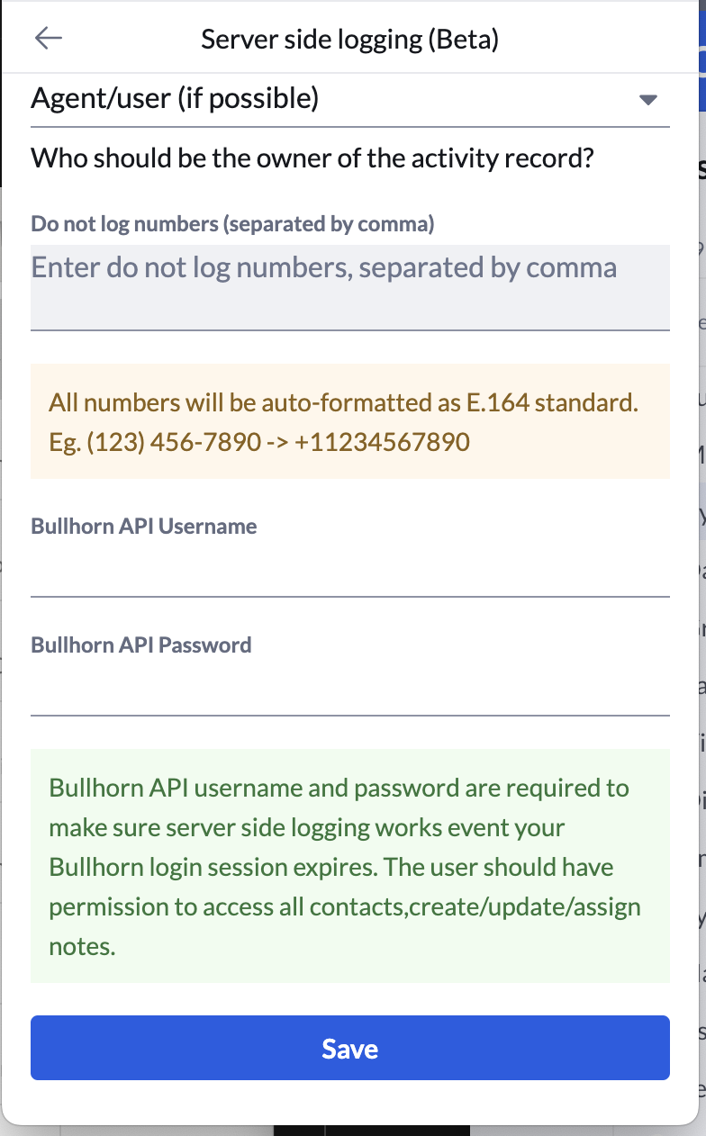 Enabling server-side call logging in Bullhorn