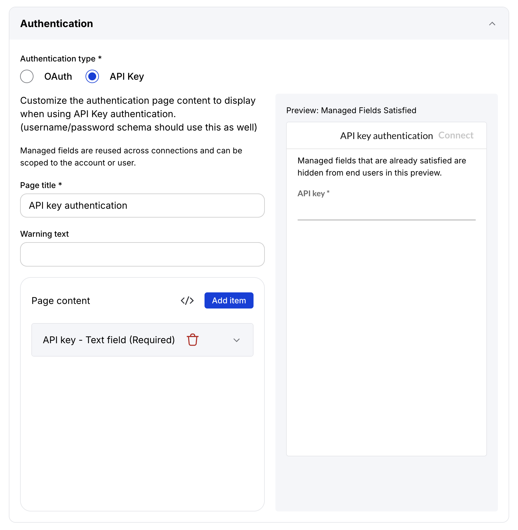 Configuring API-key auth in the App Connect Developer Console