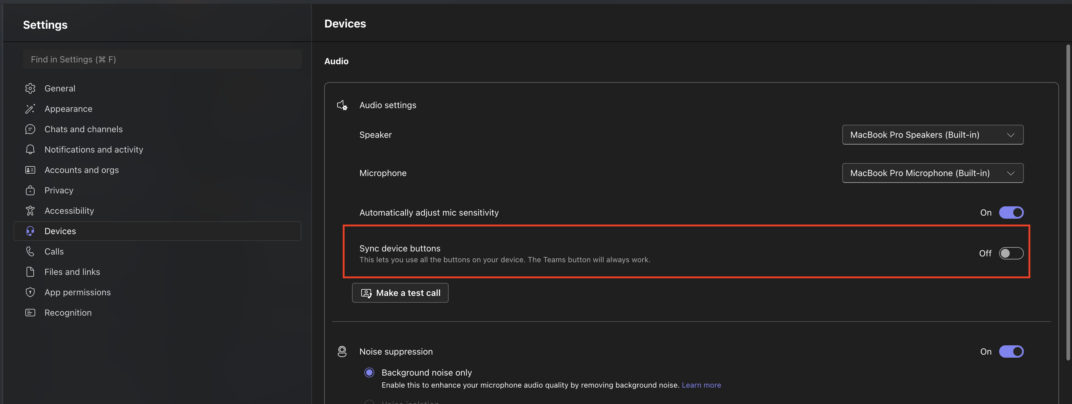 Sync device buttons in Microsoft Teams Settings