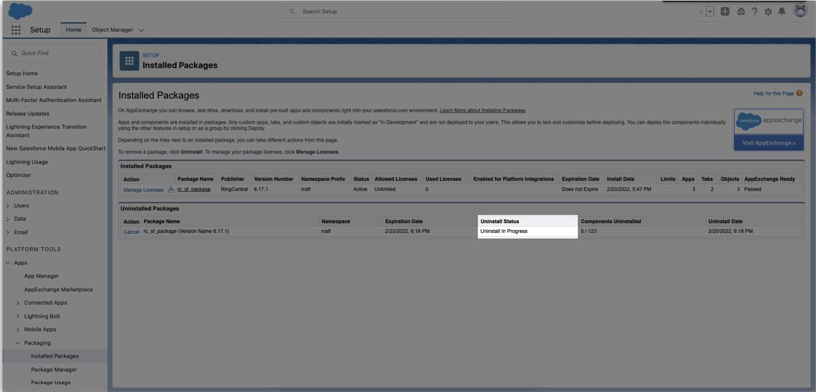 Uninstalled Package Salesforce