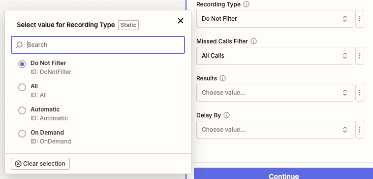 Call Recording Type Filter