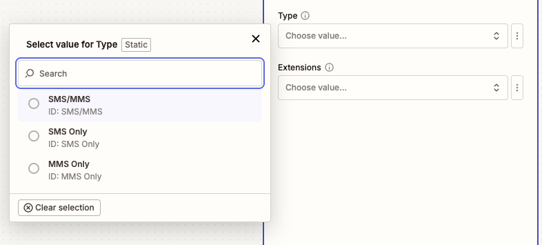 SMS/MMS Type Selection